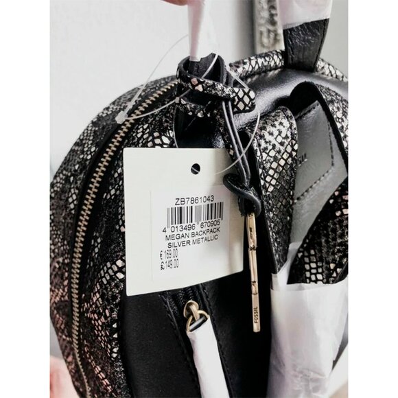 S Fossil Megan Silver Metallic Black Leather Backpack ZB7861043 NWT Python $168